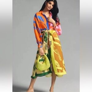 Farm Rio Mixed Print Shirtdress Anthropologie Buttondown Tropical Size S…